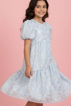 صورة فستان سماوي كشكشة ولؤلؤ على والفستان